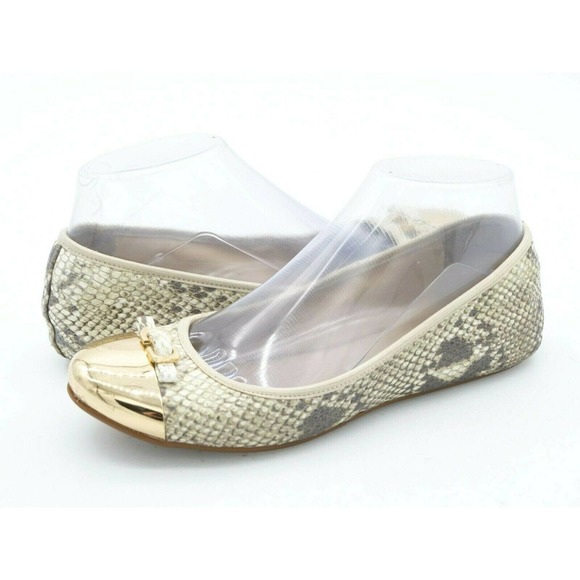 Diane Von Furstenburg Ballet Flat Womens 6 Snake Print Leather Gold Cap Toe Shoe - Picture 1 of 10